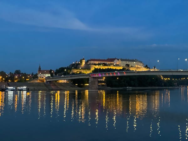 Petrovaradin Fortress illuminated at night in Novi Sad, Serbia