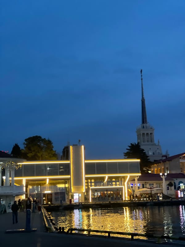 Evening waterfront scenes captured along Sochi's illuminated promenade