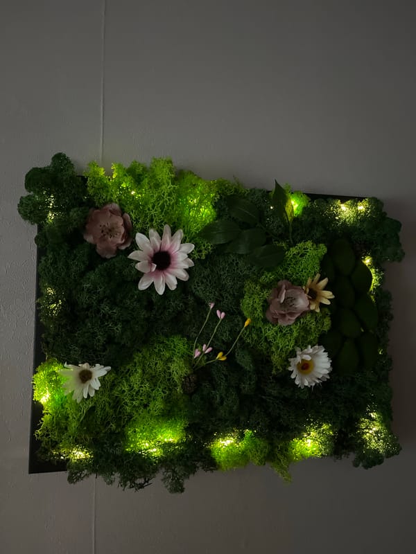 Decorative moss wall art with artificial flowers spotted in Liepaja