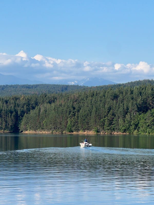 Quiet morning on Lake Pancharevo — boats out, lines in the water