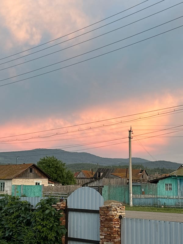 Village evening: kids, livestock, and a vivid sunset sky