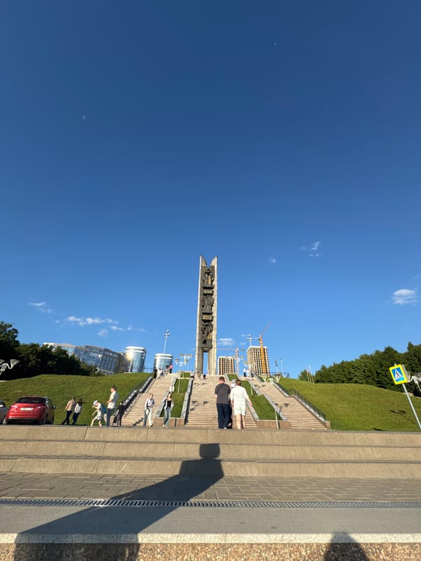 Families enjoy sunny afternoon at Izhevsk monuments and waterfront