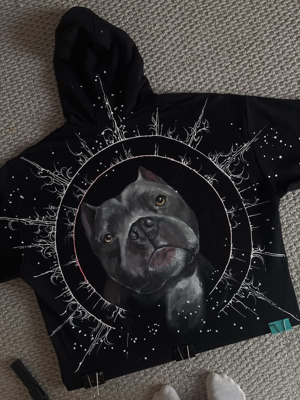 Hand-painted dog portrait hoodie spotted in Krasnoyarsk