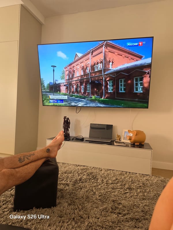 Lazy Sunday morning in a Palma apartment, Russian news on TV