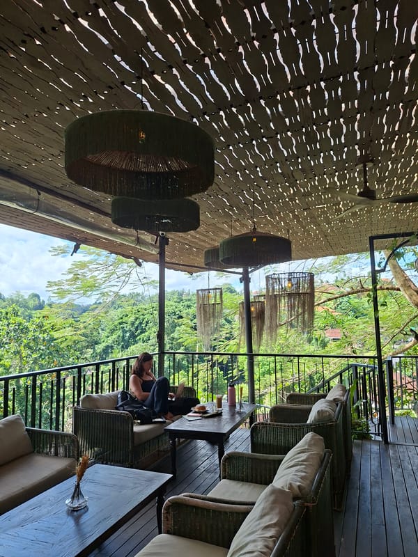 Morning dining scenes captured at tropical restaurant in Ubud