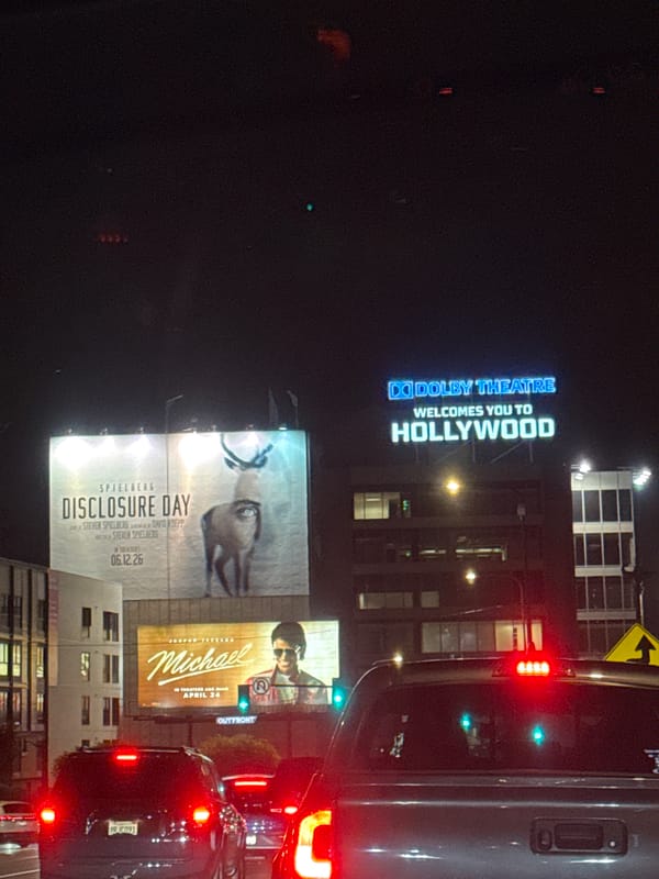 Nighttime street scene documented near Hollywood's Dolby Theatre