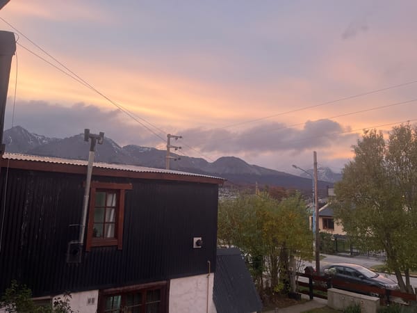 Twilight captures snow-capped mountains in Ushuaia, Argentina