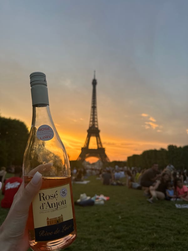 Fitness, rosé, and horses near the Eiffel Tower at sunset