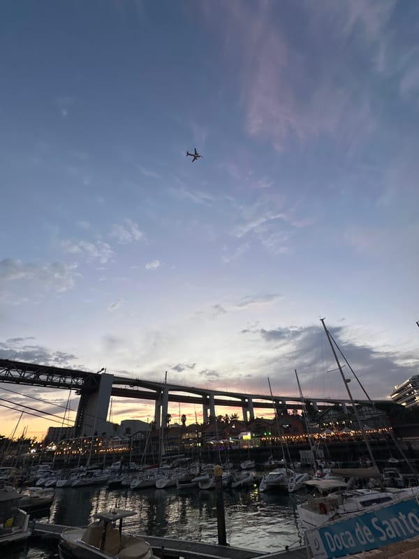 Lisbon marina at dusk, boats docked under a pastel evening sky