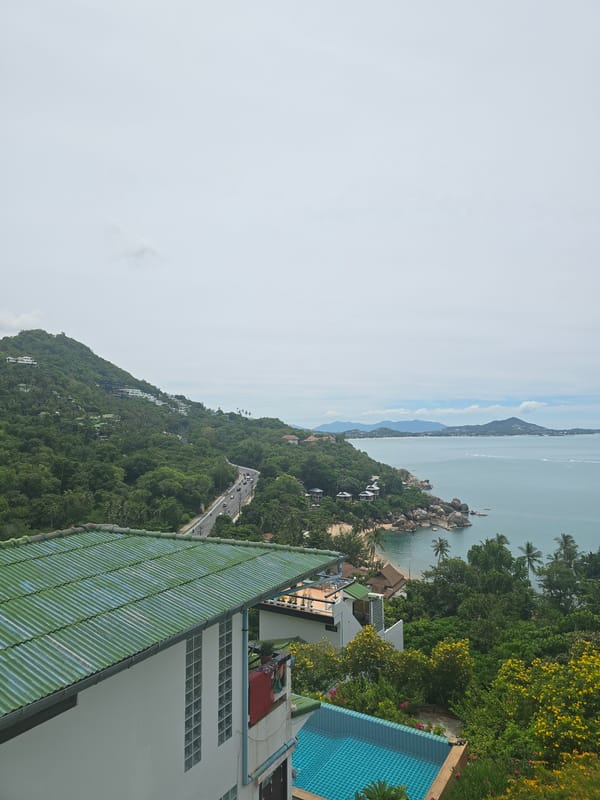 Aerial views of a tropical coastal villa and surrounding coastline
