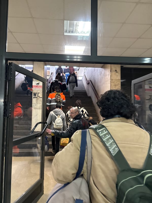 Crowd descends stairs near restroom in Bulgarian town