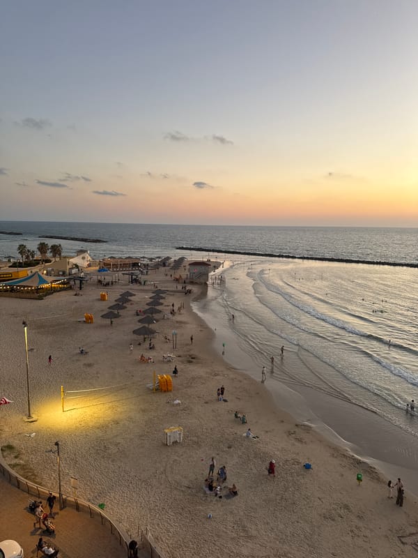 Netanya beach at sunset, caught from above
