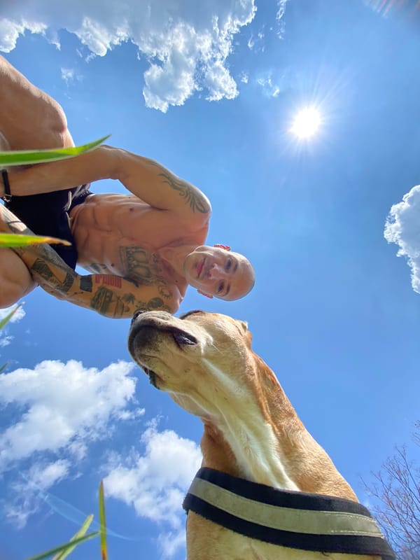 Man and dog photographed together in Pleven, Bulgaria