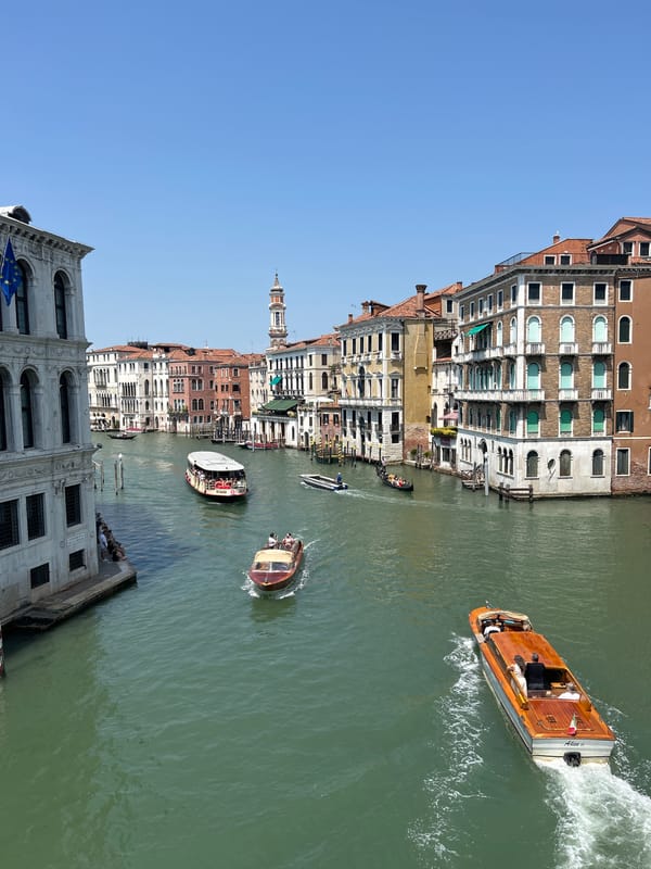 Overhead view of a Venetian canal and historic waterfront buildings.