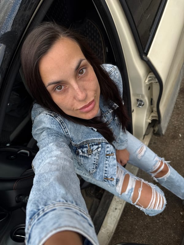 Woman in denim photographed at multiple Pleven locations