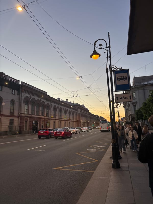Saint Petersburg streets and waterfront at golden-hour dusk