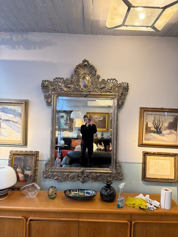 Person takes selfie in ornate mirror at Buenos Aires antique shop