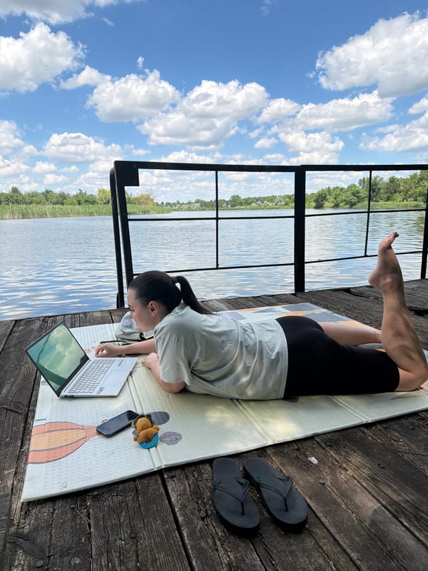 Lazy riverside morning on a wooden pier in Lozuvatka