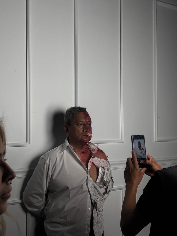 Film production with special effects makeup documented in Mexico City