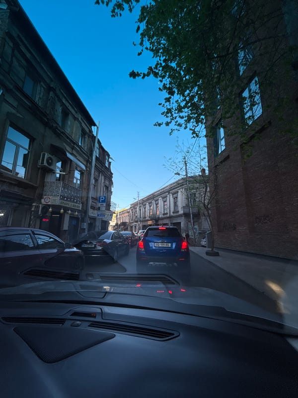 Driver documents mixed architecture during afternoon commute in Tbilisi