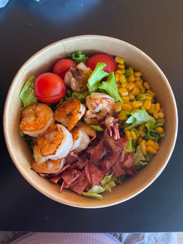 Diner documents lunch at Varna restaurant with shrimp salad