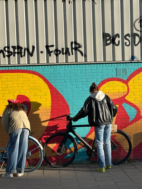 Cyclists photographed at graffiti wall in Amsterdam