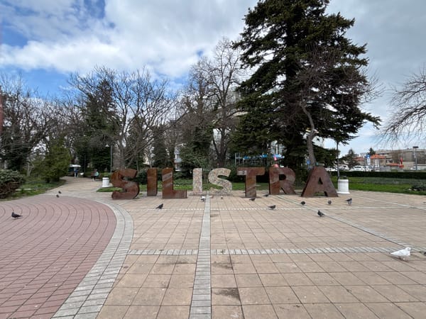Pigeons gather around city name display in Bulgarian square