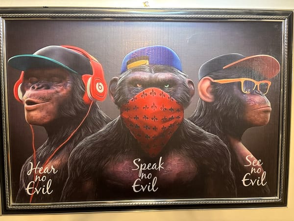 Two framed artworks — monkey proverb and fabric mosaic collage