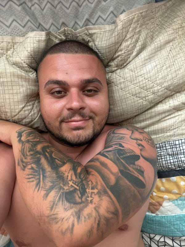 Overhead bed selfie series, Shumen — tattoos and changing expressions