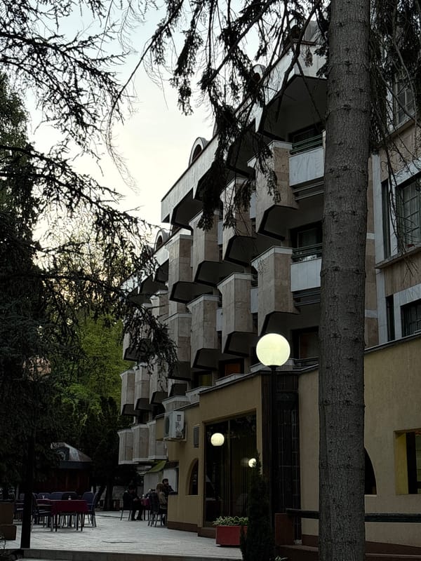 Rotated street photo captured in Serbian spa town