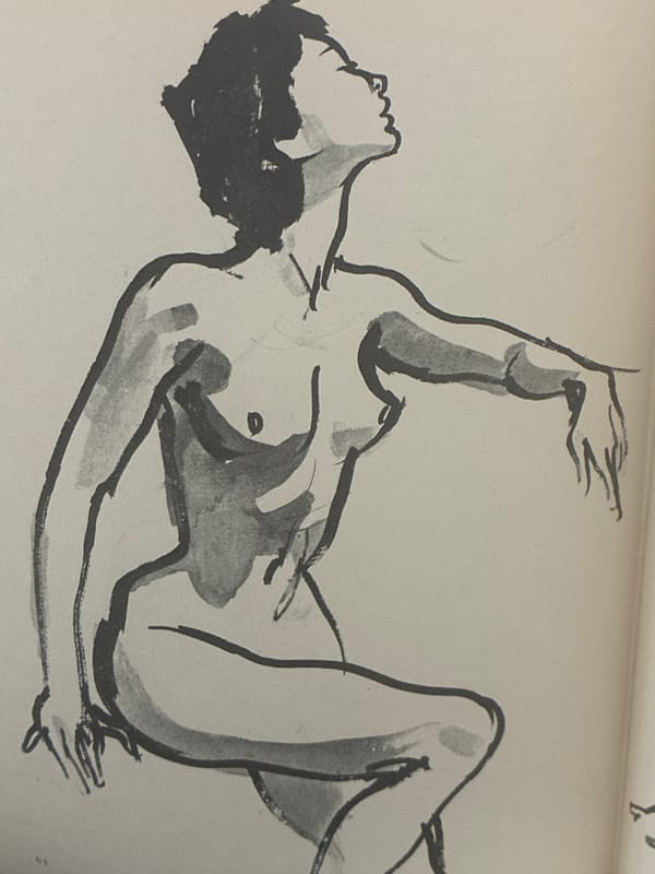 Ink sketch of reclining nude figure observed in London