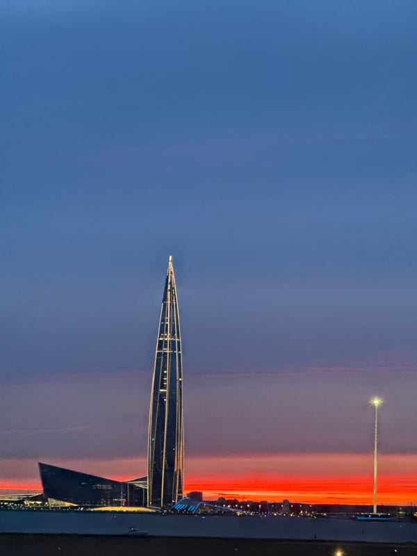 Lakhta Center glowing at twilight on Saint Petersburg's skyline