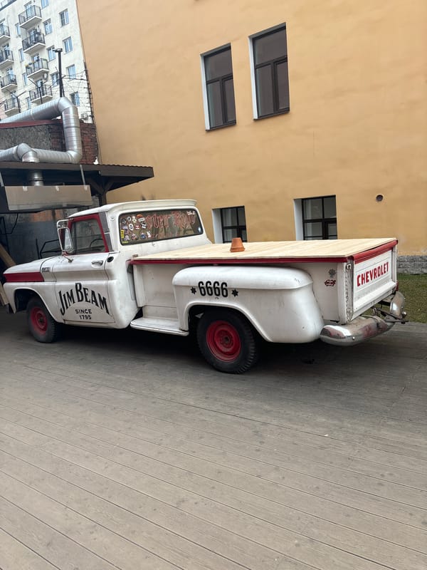 Jim Beam branded vintage truck spotted on Saint Petersburg boardwalk