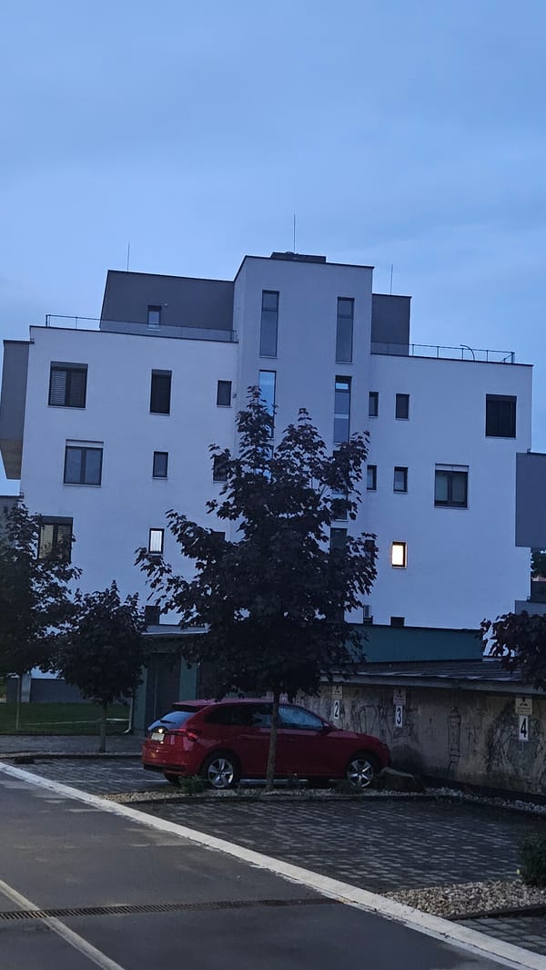 Twilight street scene documented in Prešov, Slovakia