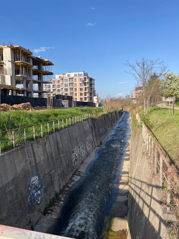 Graffitied water canal documented amid construction in Sofia