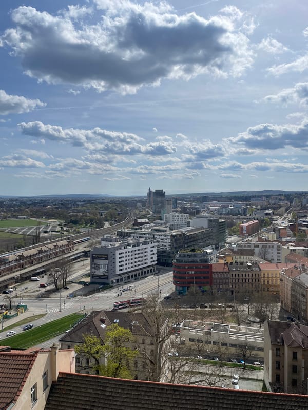 Elevated cityscape view captured in Brno, Czechia
