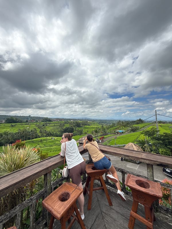 Tourists visit Jatiluwih Rice Terraces viewing platforms in Penebel