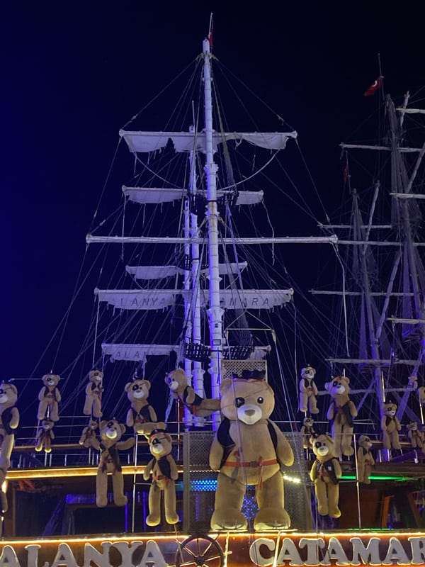 Illuminated sailing ship replica display spotted in Alanya, Turkey