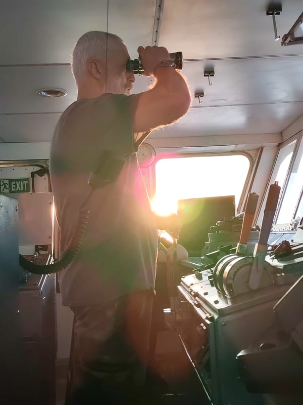 Russian ship captain navigates vessel during sunset transit