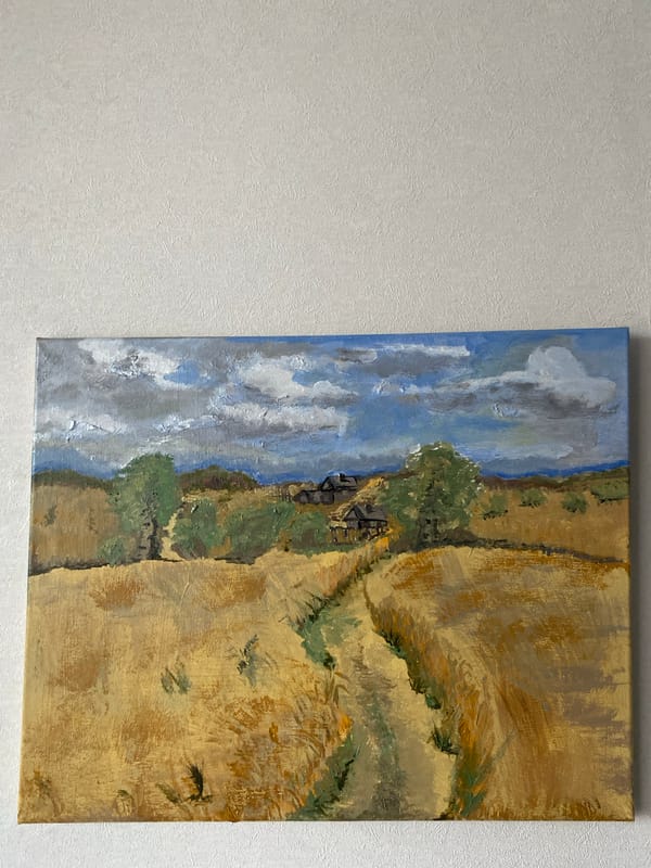 Interior art collection: lamps, landscapes, abstracts, and Aboriginal boomerang