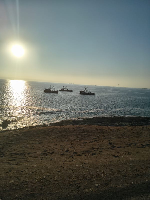 Fishing boats anchor off Arica coast during sunset