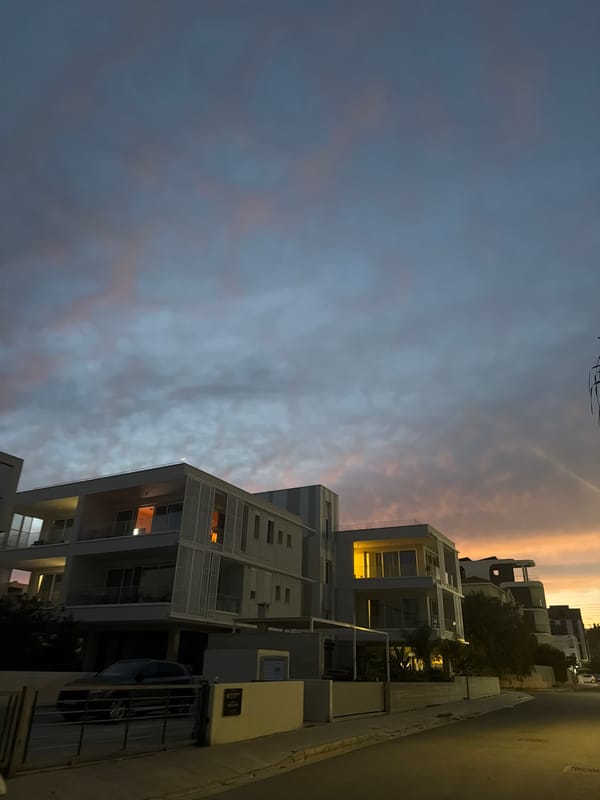 Evening twilight captures modern buildings in Germasogeia, Cyprus