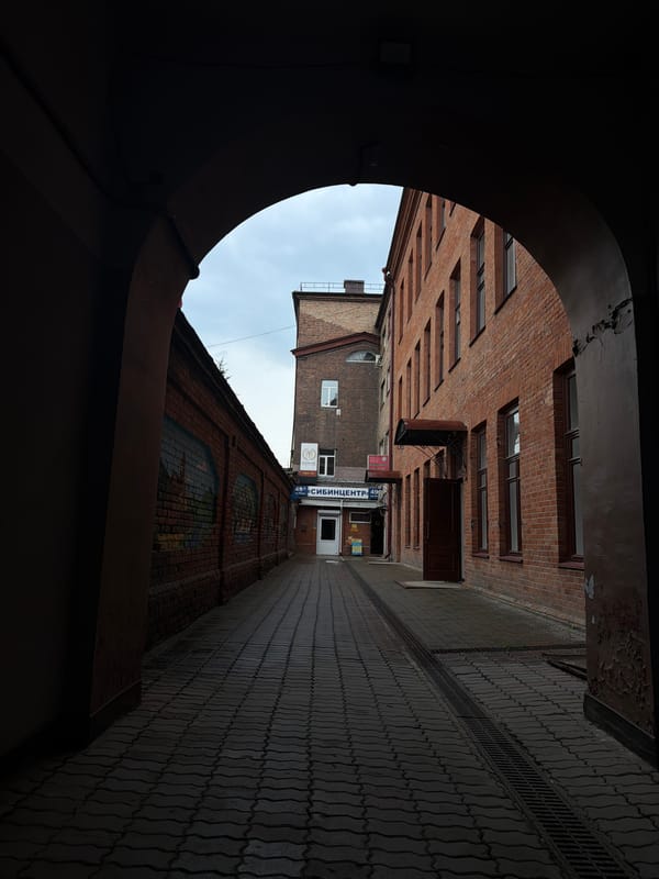 Morning meal and architecture documented in Krasnoyarsk