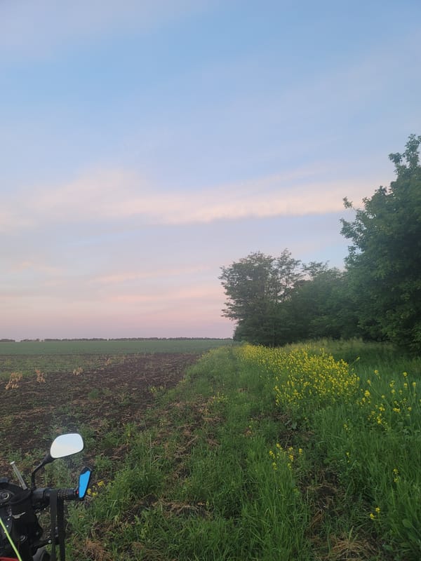 Motorcyclist's rural dusk stop documented across cultivated fields