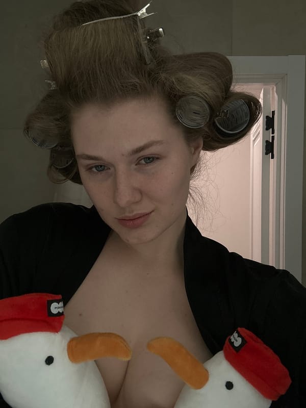 Woman cuddles stuffed geese in hair curlers at home