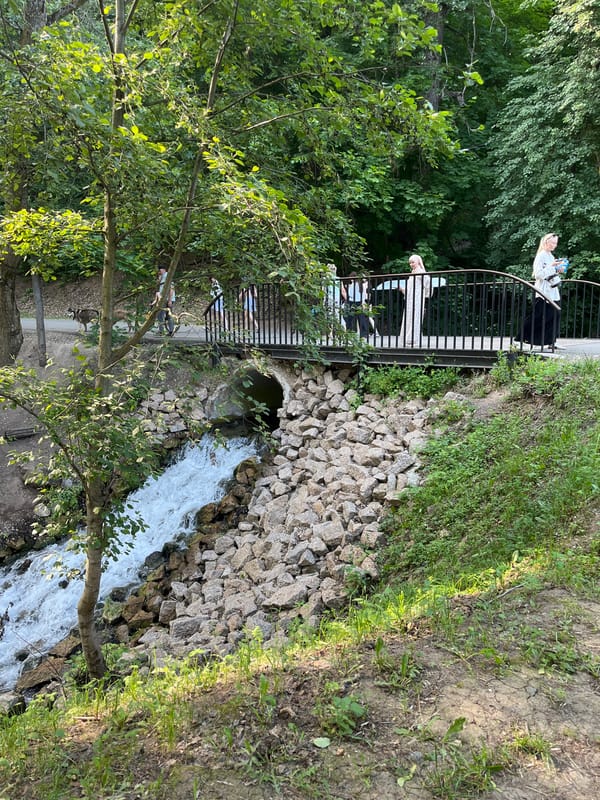 Waterfall and footbridge in a Dachnoe park