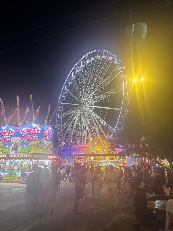 Calgary Stampede midway and concert stage, summer night