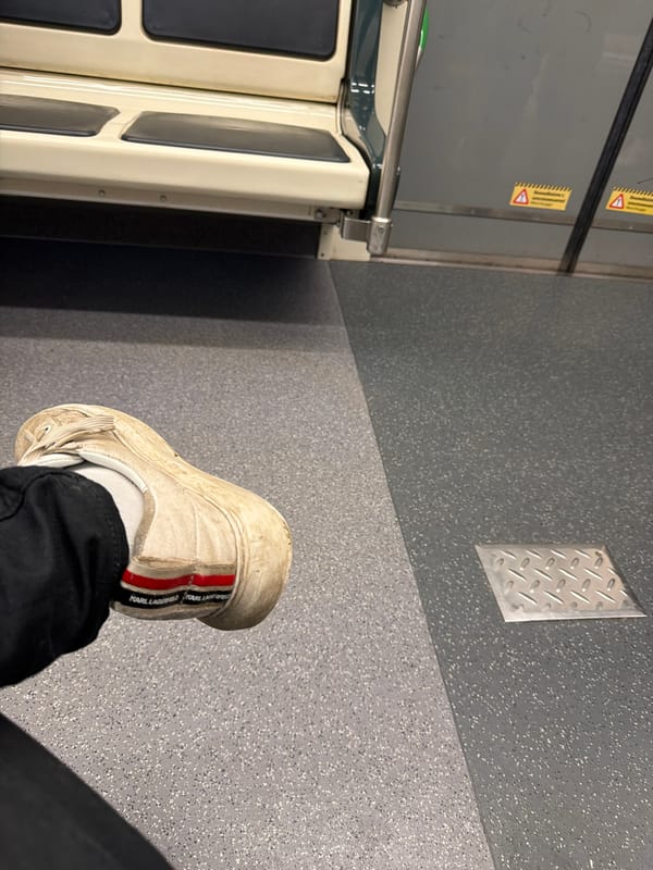 Passenger rides public transport in Sofia wearing designer sneakers