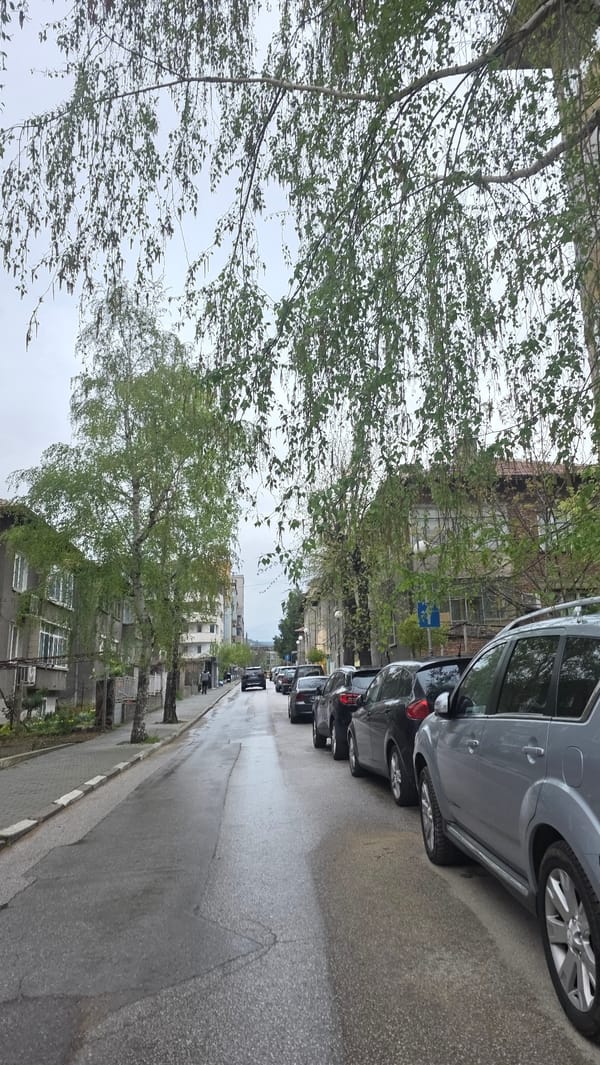 Police car spotted outside supermarket in rainy Blagoevgrad
