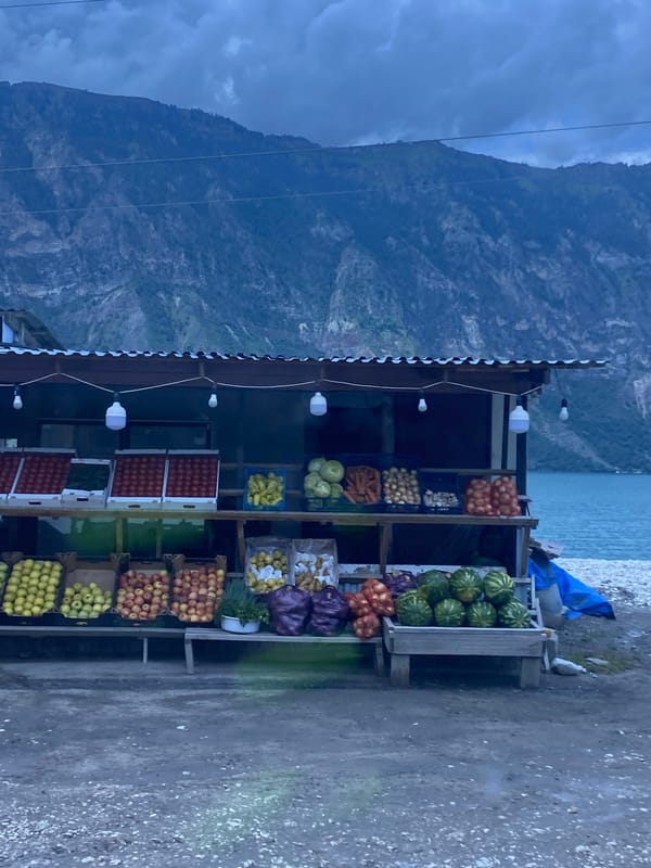 Roadside produce stand by a mountain reservoir in Dagestan